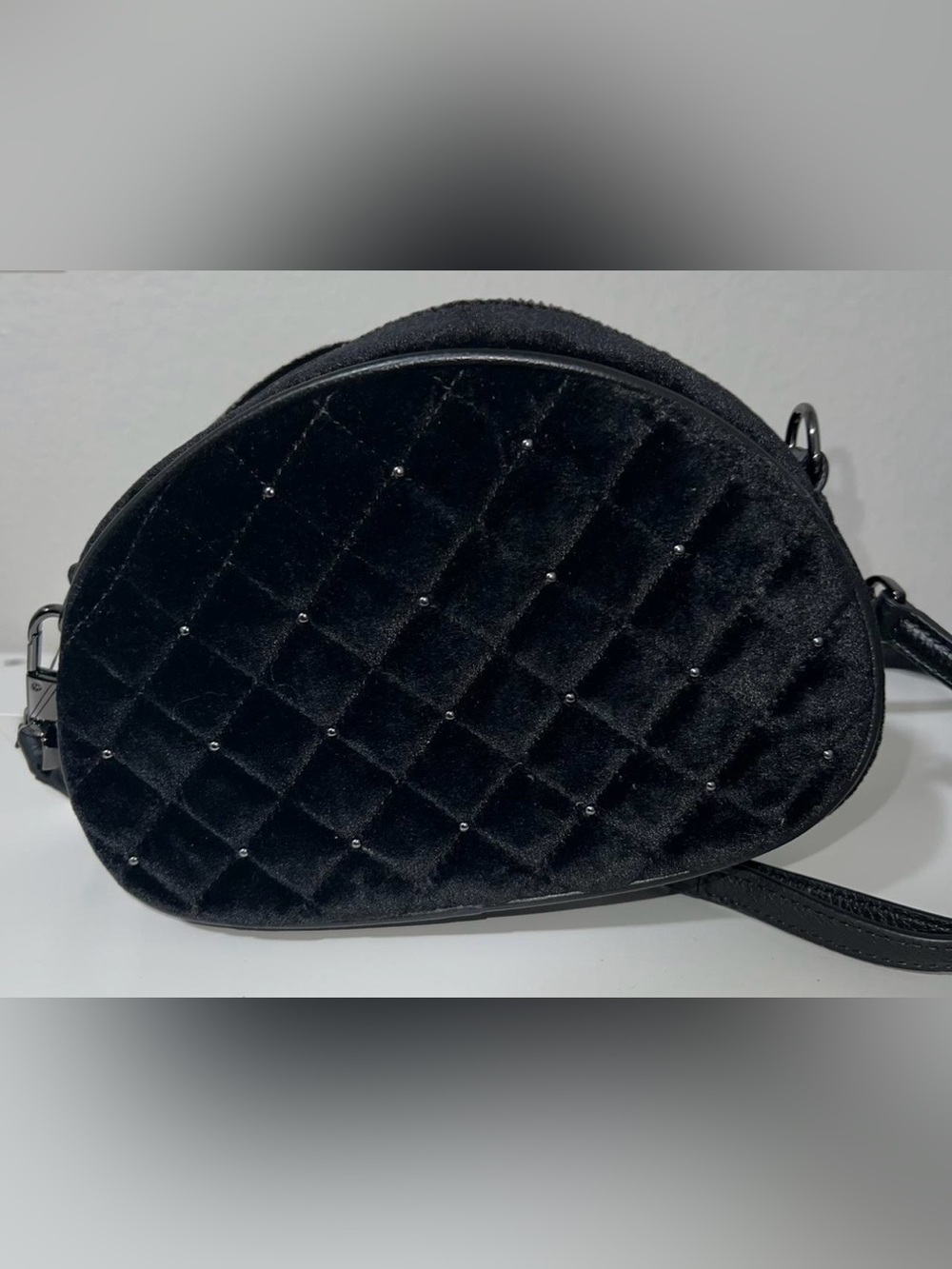 Talbots Quilted Velvet Oval Crossbody Bag - Black - Picture 3 of 8